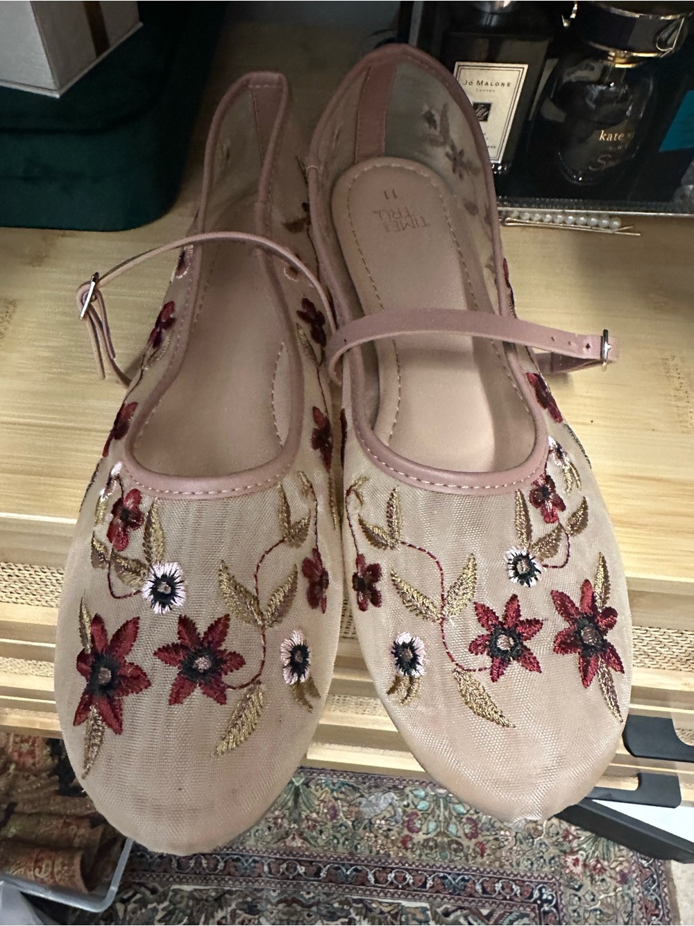 Time and Tru Blush Floral Embroidered Mary Jane Flats